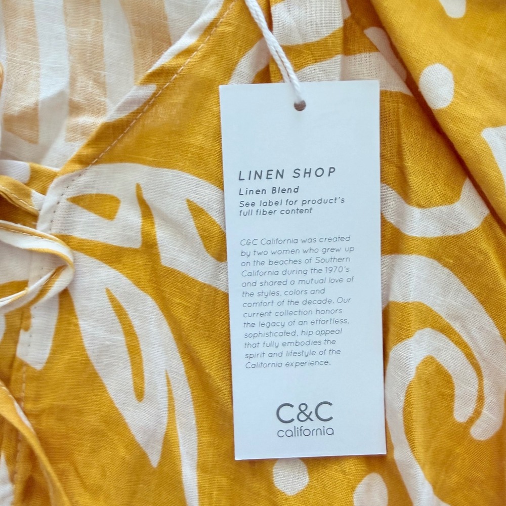 C&C California Linen Bld Tropical Tie Front Blouse Puff Sleeve Yellow Small NWT - Picture 4 of 11